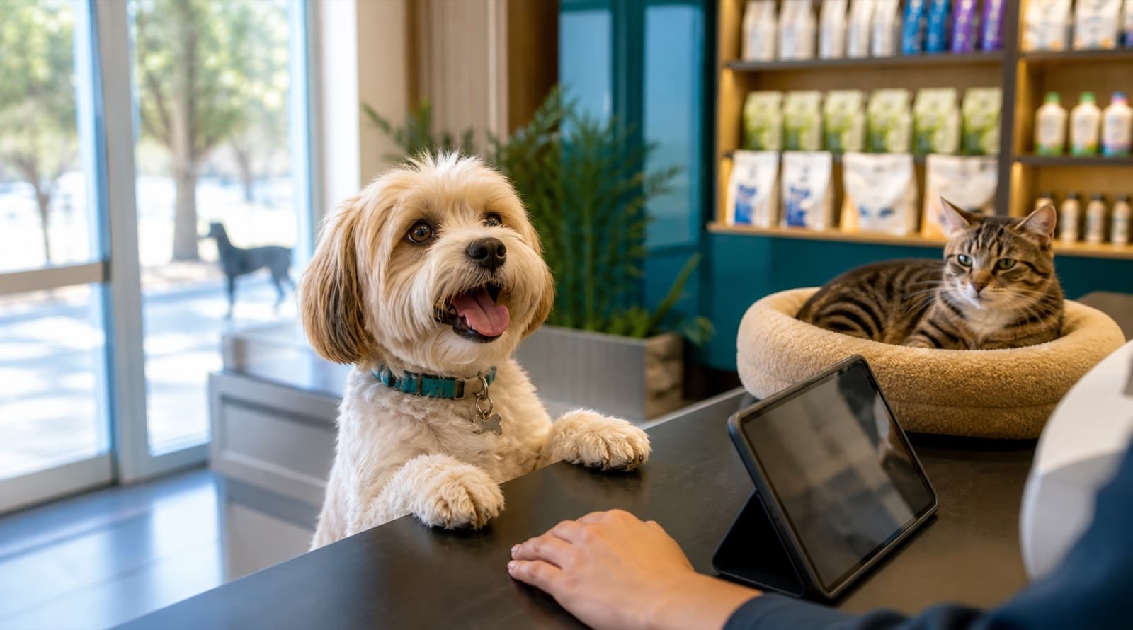 Atendimento organizado em pet shop com cachorro, gato e tablet no balcão